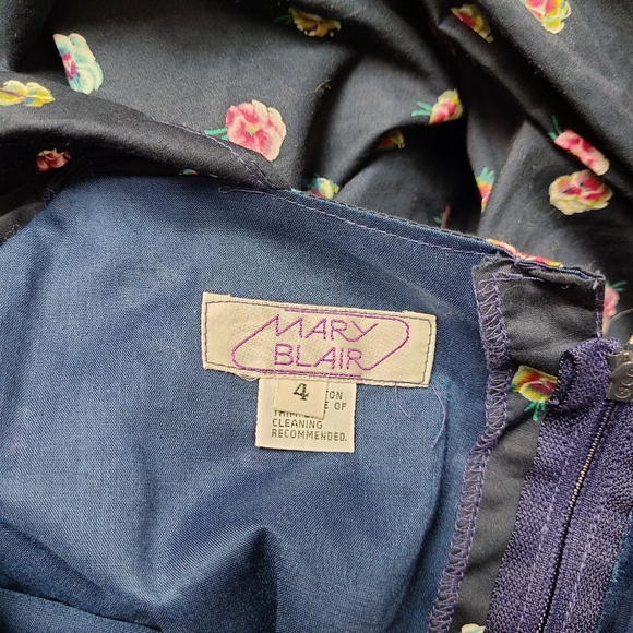 Vintage Mary Blair Navy Blue Floral Print Puff Sleeve Dress - Picture 3 of 5